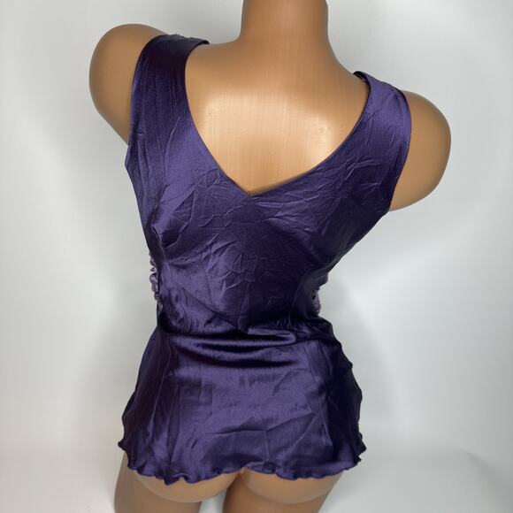 Purple Silk Look Ruched Waist Tank Top Plunge V Neck Satin Style Y2K Party Sz S - Picture 2 of 11